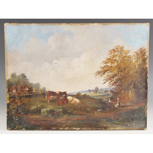 382 - Attributed to A E Blake (English school, 19th century),  
Cattle grazing with figures on a country l... 