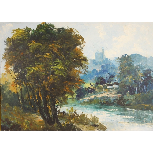 384 - English school (20th century),  
A river landscape with hilltop castle beyond,  
Oil on canvas,  
Un... 