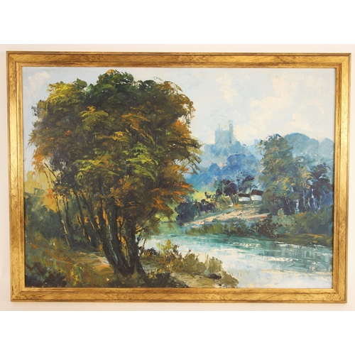 384 - English school (20th century),  
A river landscape with hilltop castle beyond,  
Oil on canvas,  
Un... 