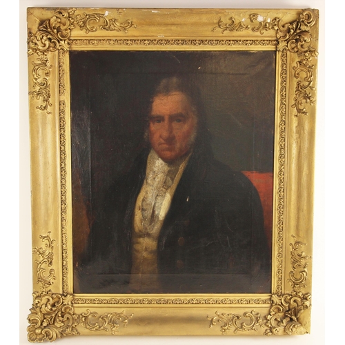 386 - English school (19th century),  
Portrait of a gentleman in frock coat with lace cravat,  
Oil on ca... 