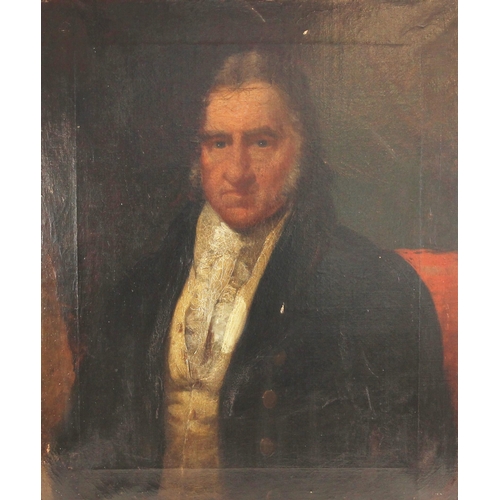 386 - English school (19th century),  
Portrait of a gentleman in frock coat with lace cravat,  
Oil on ca... 