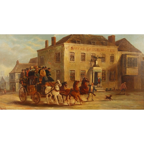 393 - John Charles Maggs (British, 1819-1896),  
A carriage arriving at the Spread Eagle Hotel,  
Oil on c... 