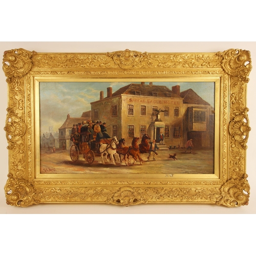 393 - John Charles Maggs (British, 1819-1896),  
A carriage arriving at the Spread Eagle Hotel,  
Oil on c... 