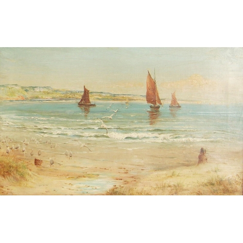 394 - English school (early 20th century),  
Seagulls on a beach with fishing boats beyond,  
Oil on canva... 