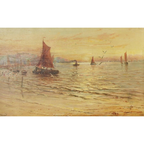 394 - English school (early 20th century),  
Seagulls on a beach with fishing boats beyond,  
Oil on canva... 