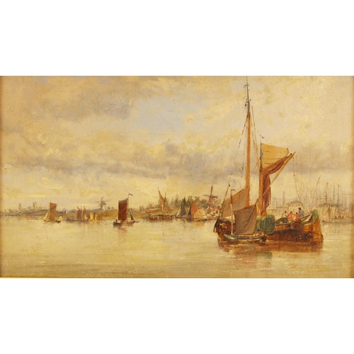 395 - English school (mid 19th century),  
Barges on the Thames, possibly at Limehouse,  
Oil on board,  
... 