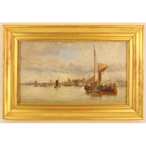 395 - English school (mid 19th century),  
Barges on the Thames, possibly at Limehouse,  
Oil on board,  
... 