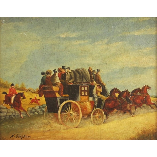 396 - N. Henry Bingham (American, b.1939),  
A stage coach scene,  
Oil on panel,  
Signed lower left,  
1... 