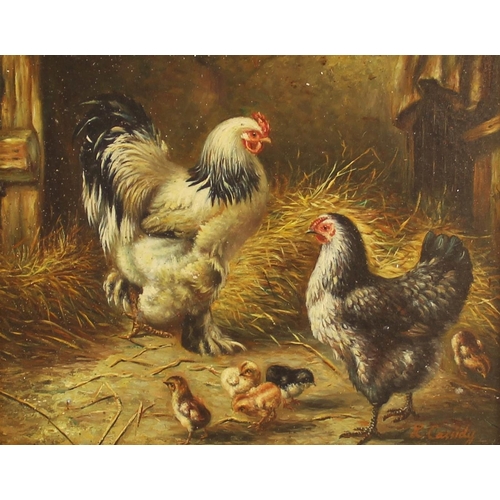 397 - Laura Cassidy (American, 20th century),  
A cockerel, chicken and chicks in a barn,  
Oil on panel, ... 