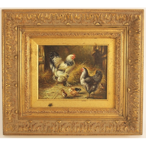 397 - Laura Cassidy (American, 20th century),  
A cockerel, chicken and chicks in a barn,  
Oil on panel, ... 