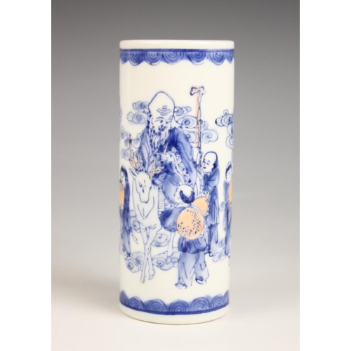 418 - A Chinese porcelain blue and white rouleau vase, Daoguang seal mark, of small cylindrical form and d... 