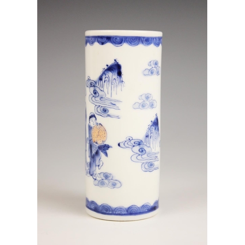 418 - A Chinese porcelain blue and white rouleau vase, Daoguang seal mark, of small cylindrical form and d... 