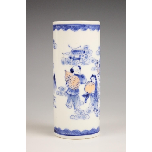 418 - A Chinese porcelain blue and white rouleau vase, Daoguang seal mark, of small cylindrical form and d... 