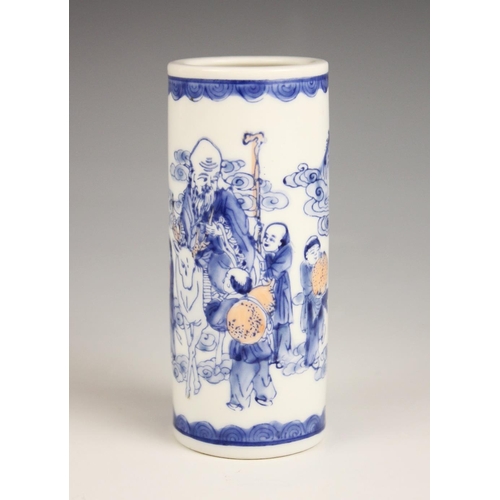 418 - A Chinese porcelain blue and white rouleau vase, Daoguang seal mark, of small cylindrical form and d... 