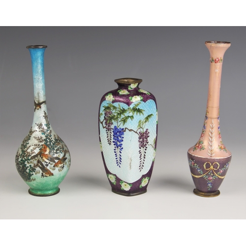 419 - Three Japanese Ginbari vases, Meiji period (1868-1912), comprising; a bottle shaped example with sle... 