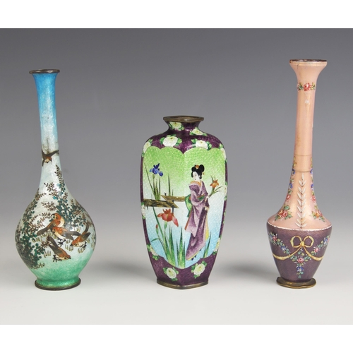 419 - Three Japanese Ginbari vases, Meiji period (1868-1912), comprising; a bottle shaped example with sle... 