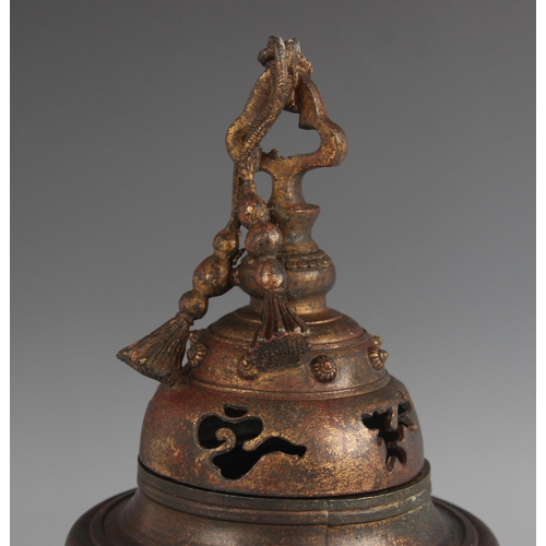 434 - A Chinese parcel gilt and lacquered bronze koro and cover, the cylindrical body applied with theatri... 