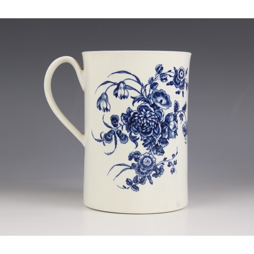 451 - A large Worcester porcelain mug or tankard, circa 1770-1775, transfer printed in underglaze blue wit... 