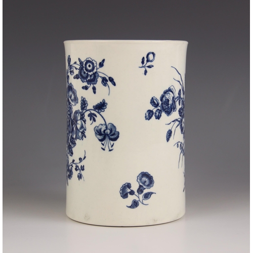 451 - A large Worcester porcelain mug or tankard, circa 1770-1775, transfer printed in underglaze blue wit... 