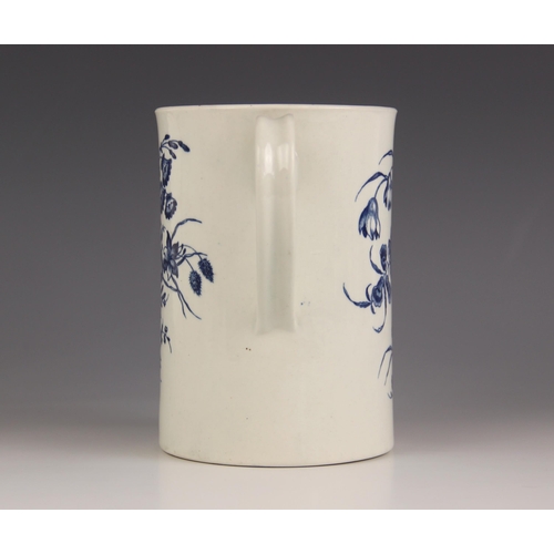 451 - A large Worcester porcelain mug or tankard, circa 1770-1775, transfer printed in underglaze blue wit... 