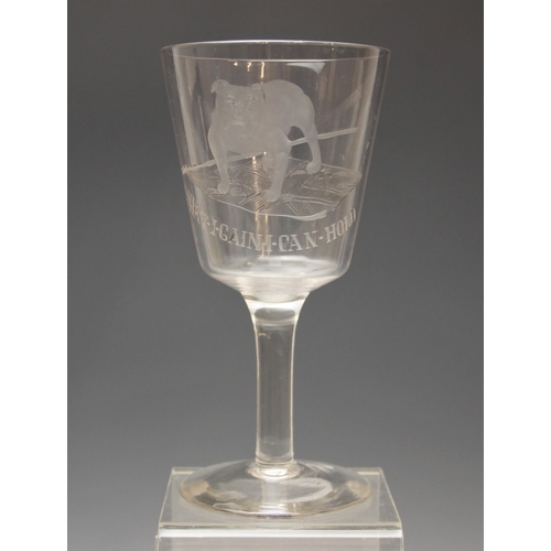 524 - A glass goblet, early 20th century, engraved with a bulldog standing upon a Union flag and script 