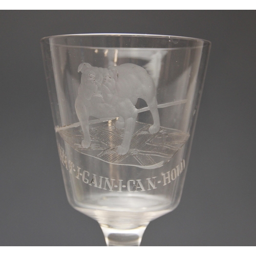 524 - A glass goblet, early 20th century, engraved with a bulldog standing upon a Union flag and script 