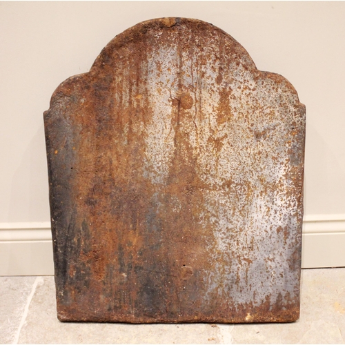 544 - A cast iron fireback, of break arch form, cast in relief with year 1588, the initials 'I.F.C', two a... 