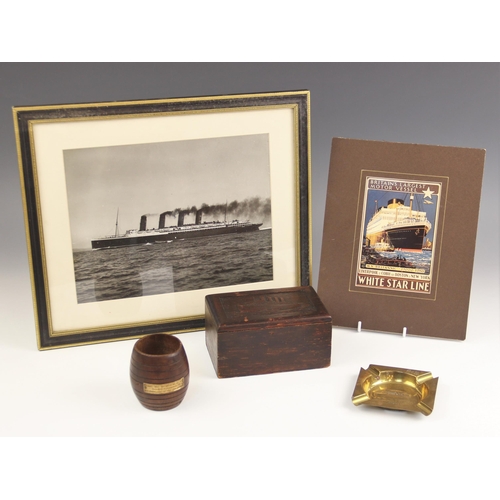 560 - R.M.S. MAURETANIA INTEREST: A stained pine box, the hinged cover naively carved with an image of the... 