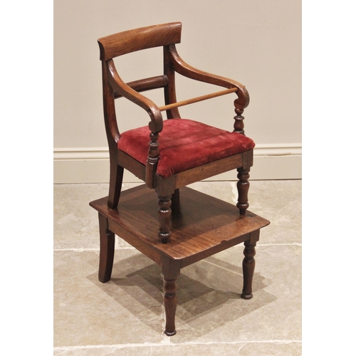 786 - A Victorian mahogany child's chair on stand, the concave rail back over a drop-in padded seat, enclo... 