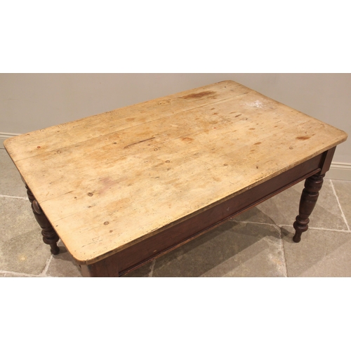 788 - A Victorian pine kitchen/scullery table, the rectangular scrub top with rounded corners above a sing... 