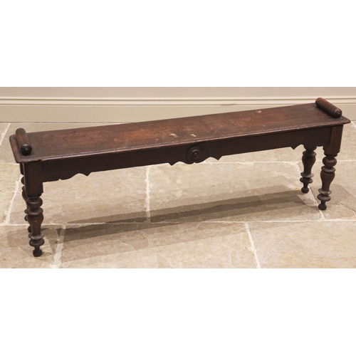 795 - A Victorian oak window/hall seat, the rectangular moulded top applied with cylindrical hand rails ov... 