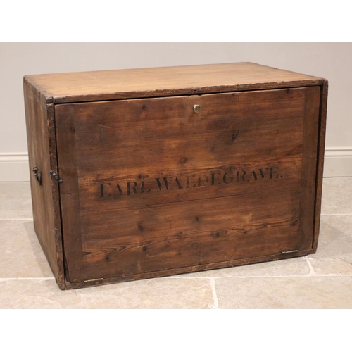 803 - A Victorian pine storage chest, late 19th century, the hinged fall front applied with 'Earl Waldegra... 