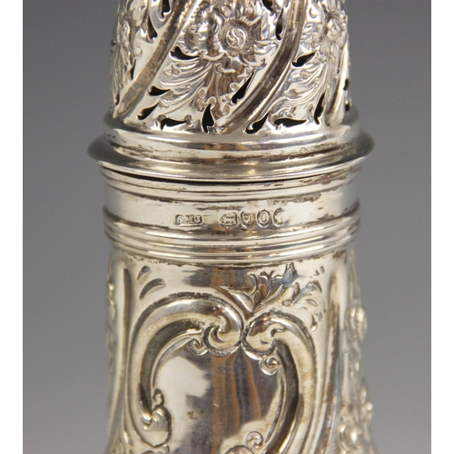 93 - A Victorian silver sugar caster, Josiah Williams and Co, London 1889, of large proportions in George... 