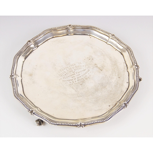 99 - A George V silver salver, Martin Hall and Co Ltd, Sheffield 1916, the moulded border with beaded rim... 