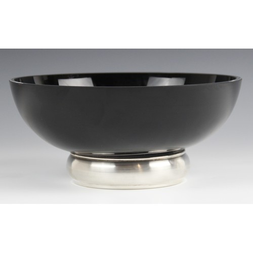 6 - A black glass silver mounted presentation bowl, Broadway & Co, Birmingham 2008, of circular form on ... 
