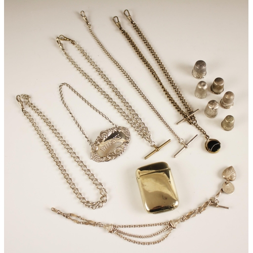 120 - A selection of silver and silver coloured items, to include a silver ladies guard chain, suspending ... 