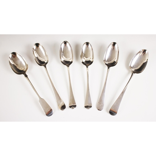 132 - A selection of six 18th century and later silver fiddle and old English pattern table spoons, to inc... 