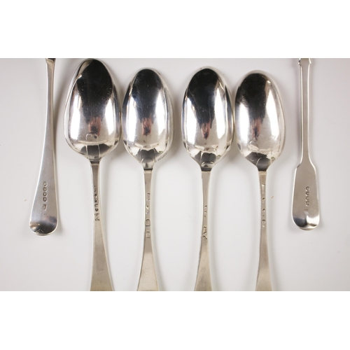 132 - A selection of six 18th century and later silver fiddle and old English pattern table spoons, to inc... 