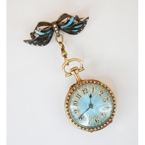 149 - A late 19th century French ladies gold fob watch, the circular blue guilloche enamelled dial with Ar... 