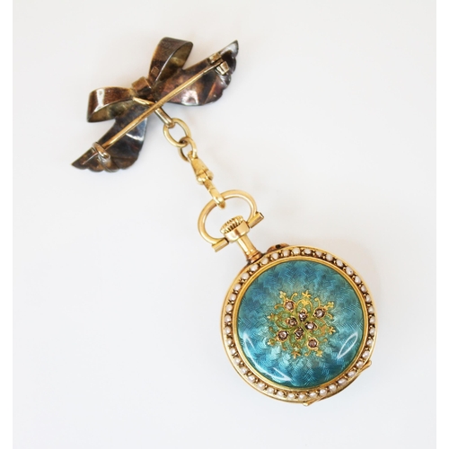 149 - A late 19th century French ladies gold fob watch, the circular blue guilloche enamelled dial with Ar... 