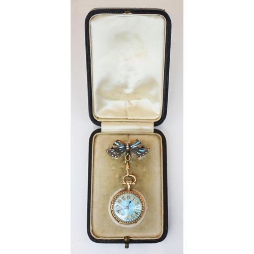 149 - A late 19th century French ladies gold fob watch, the circular blue guilloche enamelled dial with Ar... 