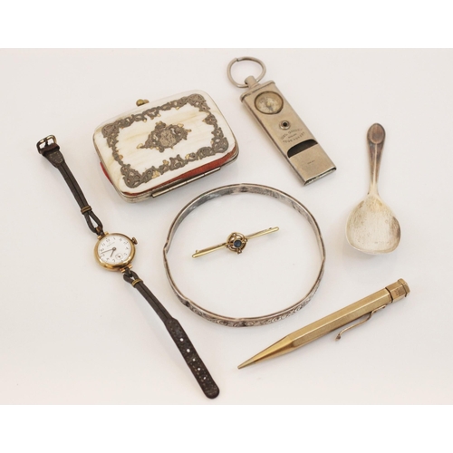 171 - A collection of items, to include a yellow metal and blue stone bar brooch, the central round cut bl... 