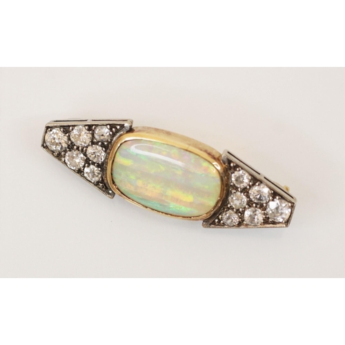 182 - An Art Deco precious opal and diamond brooch, the central cabochon opal (weight estimated 5.60carats... 