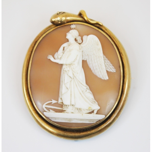 205 - A late 19th century shell cameo, the oval cameo depicting winged woman facing sinister with anchor a... 