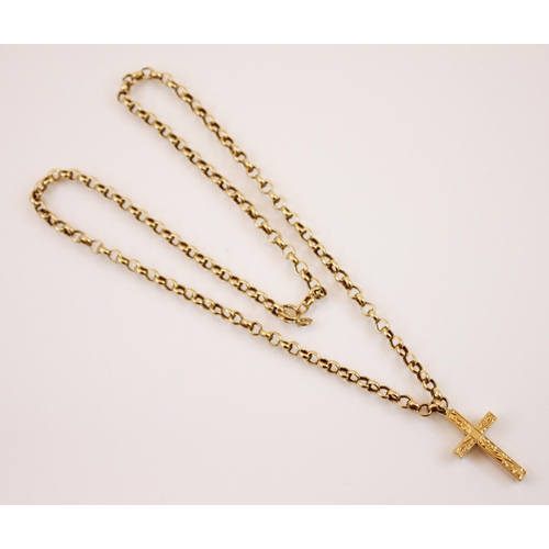 231 - A 9ct yellow gold cross, the cross with engraved scrolling detail, marked 'PMS' London 1990, 2.5cm l... 