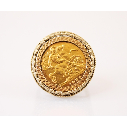 234 - A half sovereign, dated 1982, mounted in a 9ct yellow gold ring, with open heart shaped gallery and ... 