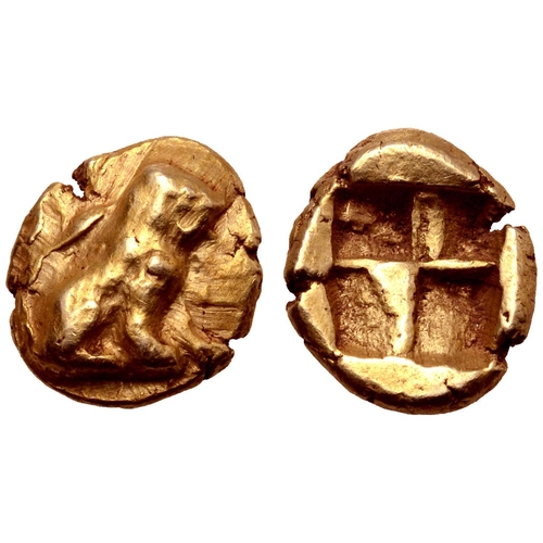 241 - Ionia, uncertain mint EL Hekte. Circa 600-550 BC. Phokaic standard. Lion seated right / Quadripartit... 