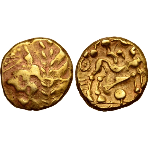 248 - Gaul, the Ambiani AV Stater. Biface type, class IV. Circa 80-70 BC. Degraded and celticised head wit... 