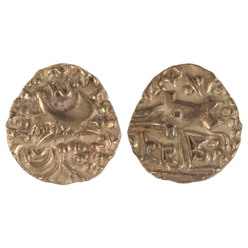 250 - Kidarite Huns, Sri Vinayaditya, circa late 5th century A.D, debased stater, highly stylied king stan... 