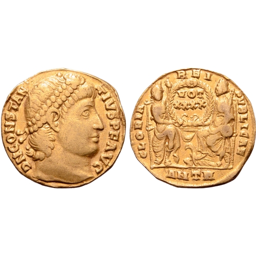 258 - Constantius II AV Solidus. Antioch, AD 355-361. D N CONSTANTIVS P F AVG, pearl-diademed head right /... 